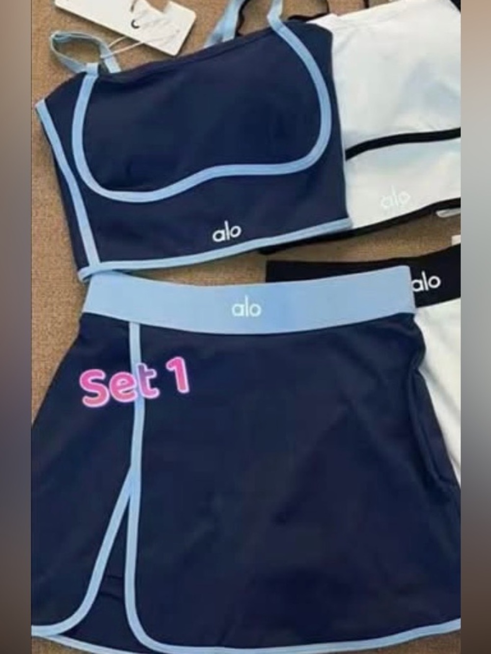 Alo Inspired Women's Navy & Light Blue Sport Crop Top and Skort Set